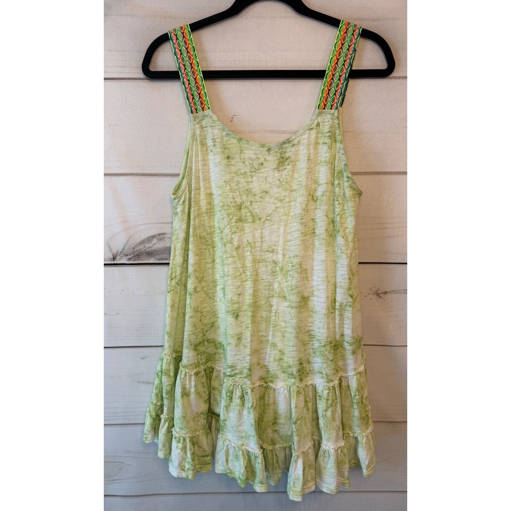 Pitusa Green Tie Dye Inca Strap Ruffle Mini Dress Pima Cotton Petite